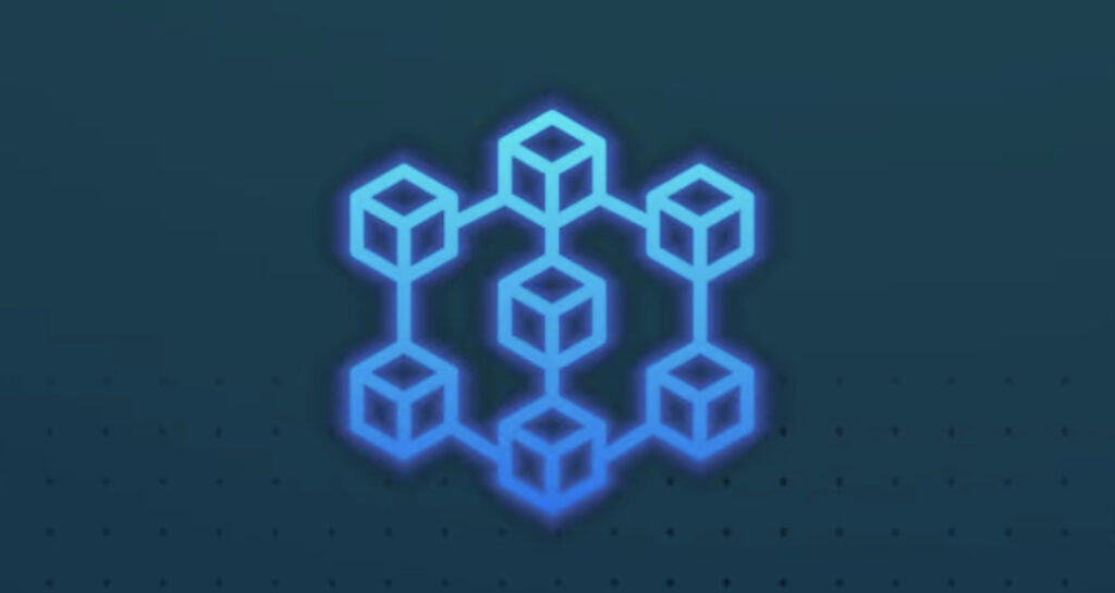 glowing neon blue blockchain structure on a dark background