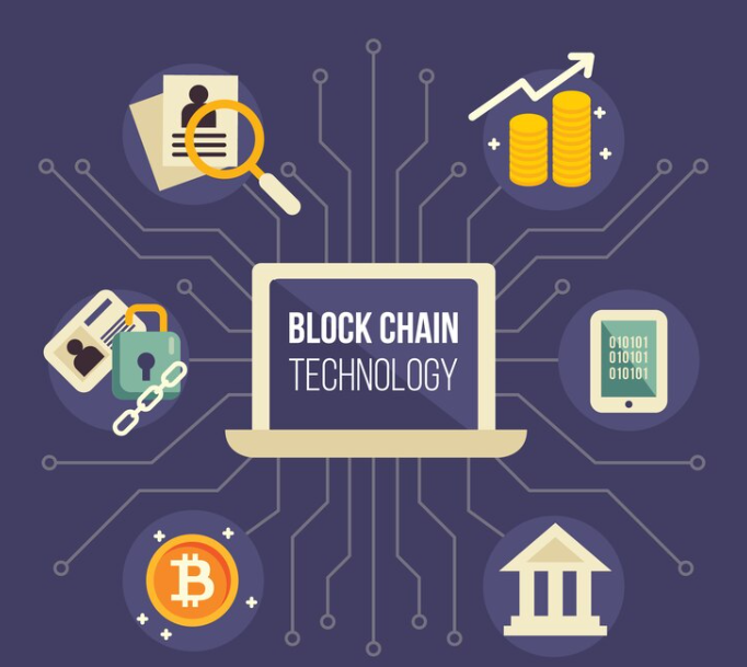 Illustration of blockchain technology components and applications