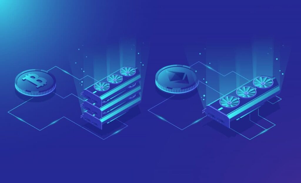 Graphic of cryptocurrency coins and mining hardware