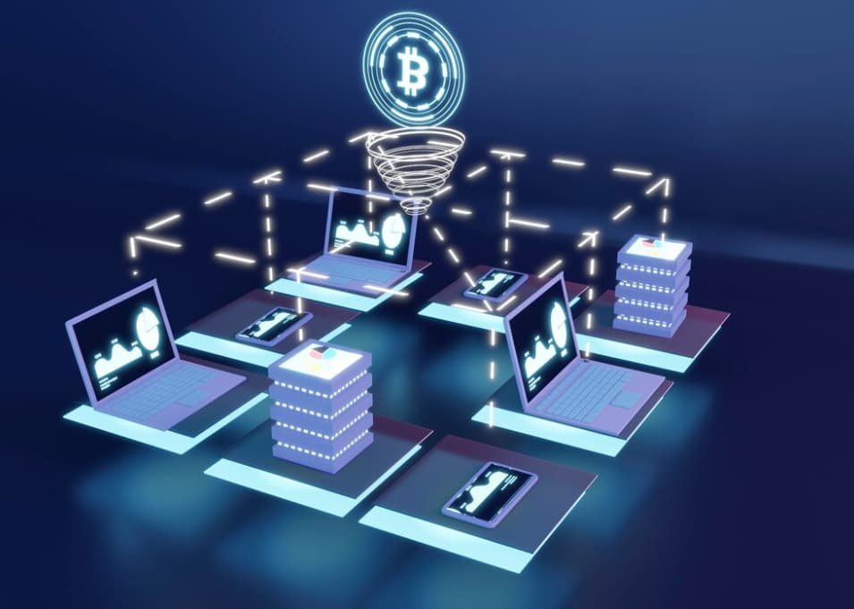 Bitcoin symbol connected to a network of computer devices