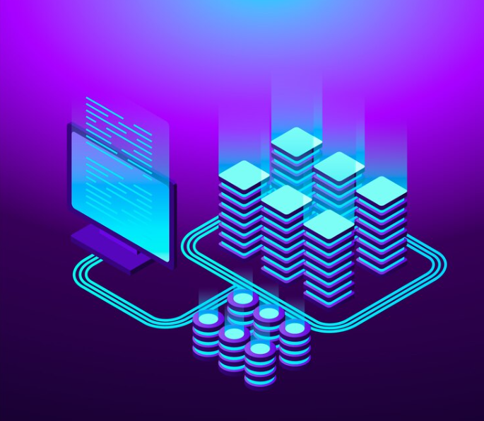 Isometric graphic of servers connected to a computer with flowing data